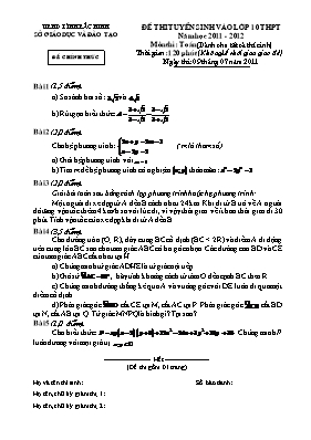 Đề thi tuyển sinh vào lớp 10 THPT tỉnh Bắc Ninh năm học 2011 - 2012 môn thi Toán (Dành cho tất cả thí sinh)